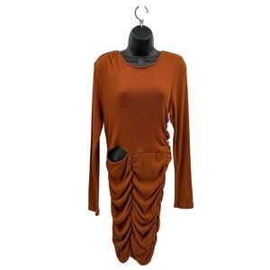 Walter Baker Ruched Cutout Ribbed-Knit Mini Dress WMN L Brown #W6596 Long Sleeve